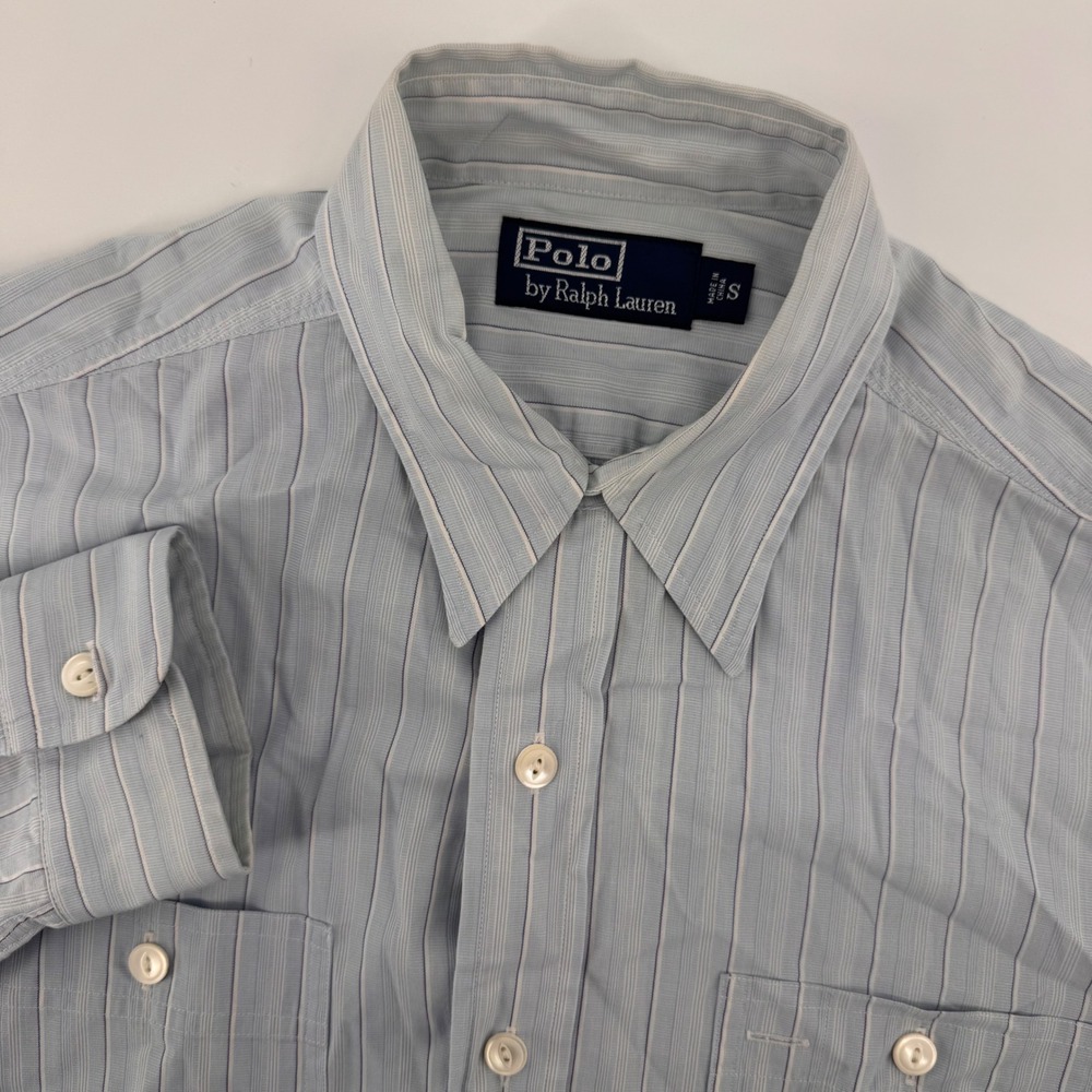 Polo Ralph Lauren Button Down Shirt Mens S Light Blue Striped Dual Pocket Cotton